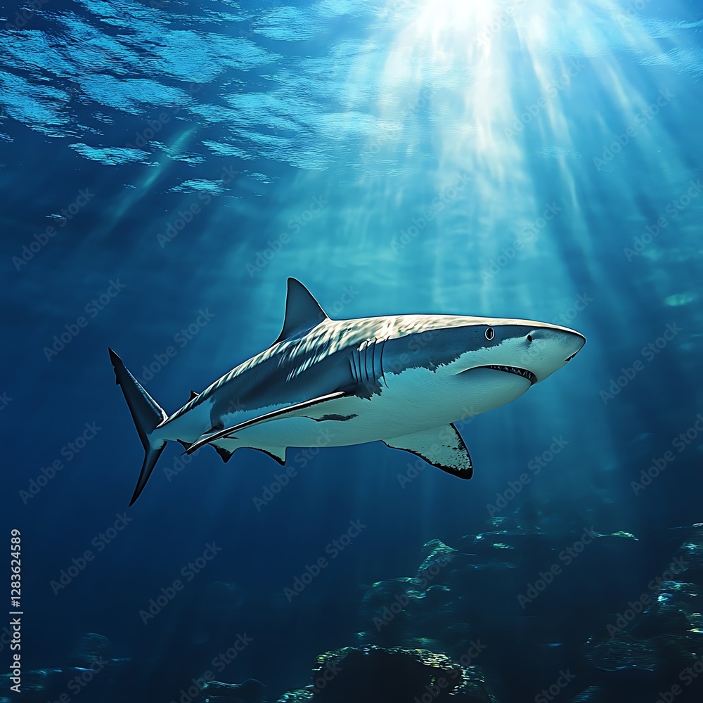 Obraz premium Majestic Tiger Shark Gliding Through Sunlit Underwater Ocean