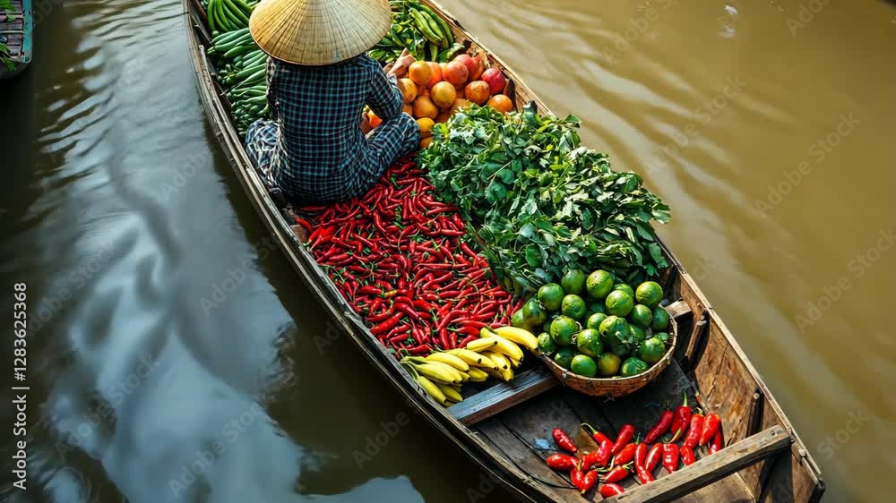 A floating market scene with a boat full of colorful fresh produce on a river