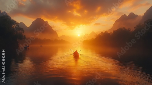 Majestic Li River Winding Through Serene Karst Mountains at Sunset
