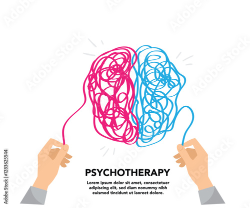 Human hands solving problem in tangled brain psychotherapy session treatment of stress stock illustration