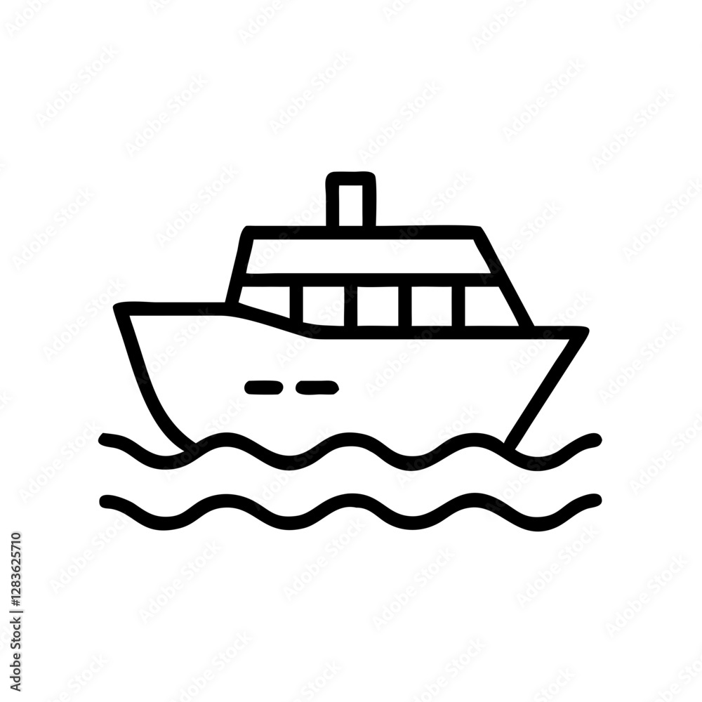 Minimalist black and white boat icon on waves Minimalist black and white boat icon on waves