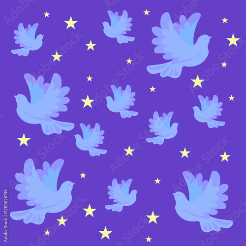 Seamless pattern with lilac background with symbolic doves and stars. Vector drawing.