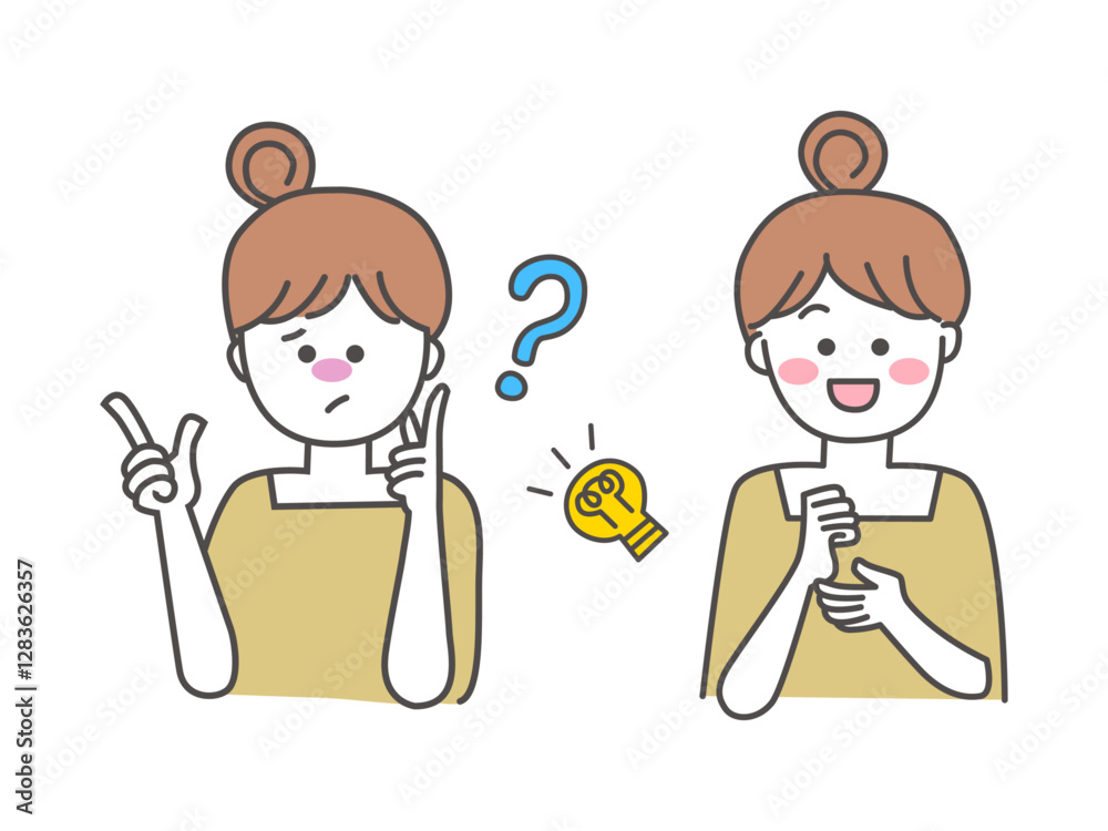 悩む女性と笑顔の女性のイラスト素材 悩む女性と笑顔の女性のイラスト素材