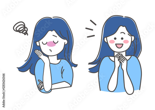 悩む女性と笑顔の女性のイラスト素材
