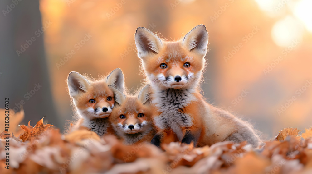 Obraz premium Red fox family autumn leaves forest sunset wildlife