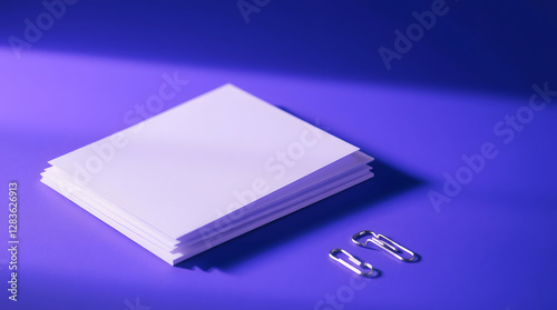 White sheets of paper fastened with metal paperclips. Simple office supplies on bright purple background. Blank paper waiting to used. Modern, clean design. Perfect for business, education, personal photo