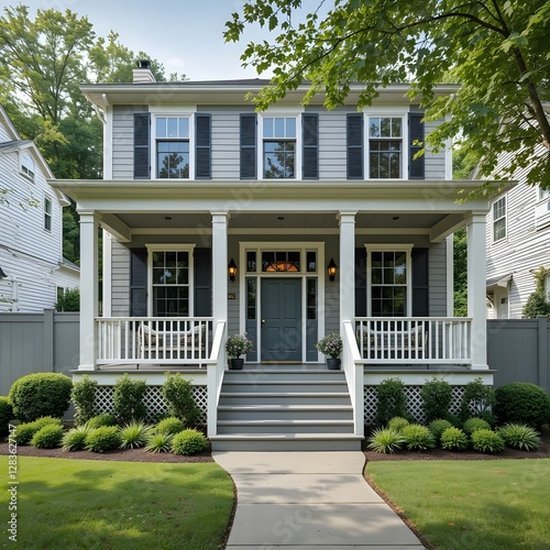 Modern colonial home exterior features a beautiful gray porch with a garden. New England style house with a wall and yard. Exterior view of a house with a porch and balcony. 