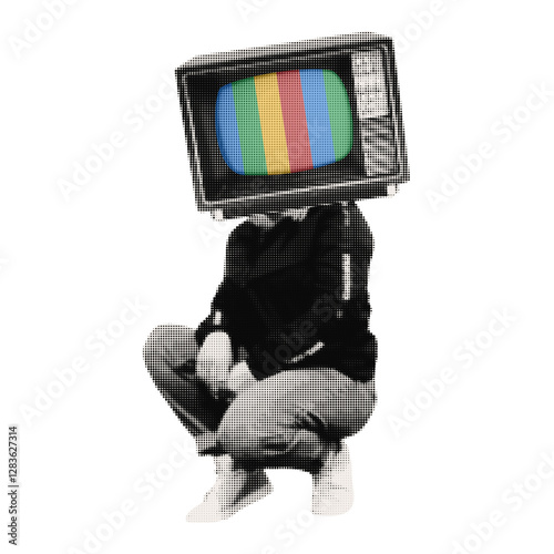 Vintage girl element with a TV on her head with a halftone effect for creating collages. Vector.