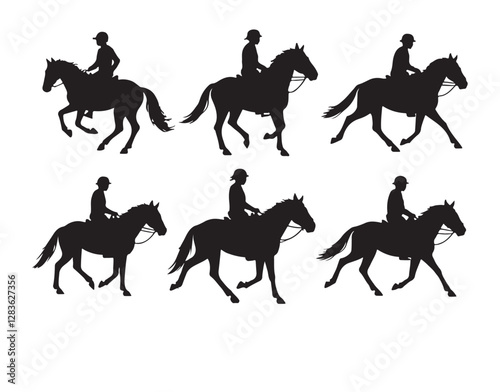 Six Silhouettes of Riders and Horses in Motion