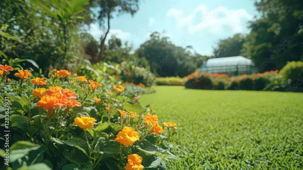 Fototapeta premium Orange Flowers and Lush Greenery in a Sunny Garden