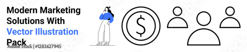 Woman pondering ideas, dollar sign symbolizing finance, three outlined heads for teamwork. Ideal for business strategy, marketing, collaboration, innovation, entrepreneurship, finance flat landing