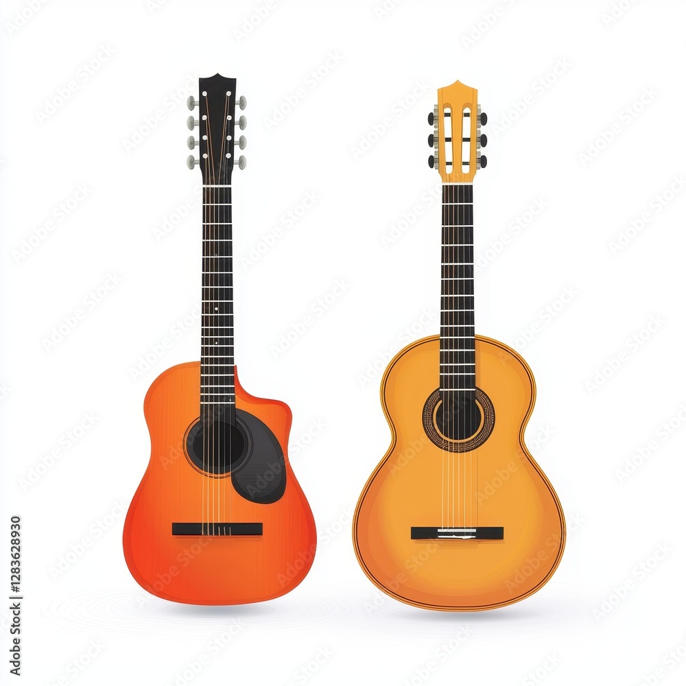 Obraz premium Two Acoustic Guitars Classical and Modern Designs Isolated on White Background