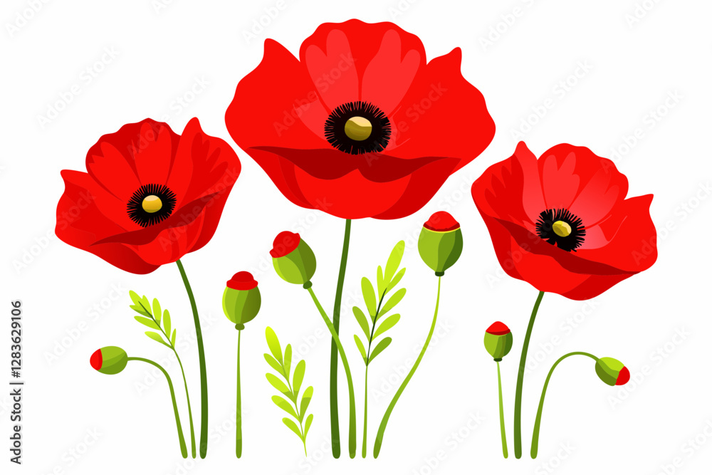 Obraz premium Red Poppy Vector Illustration on White Background - 8K High-Resolution Floral Art