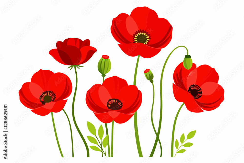 Naklejka premium Red Poppy Vector Illustration on White Background - 8K High-Resolution Floral Art