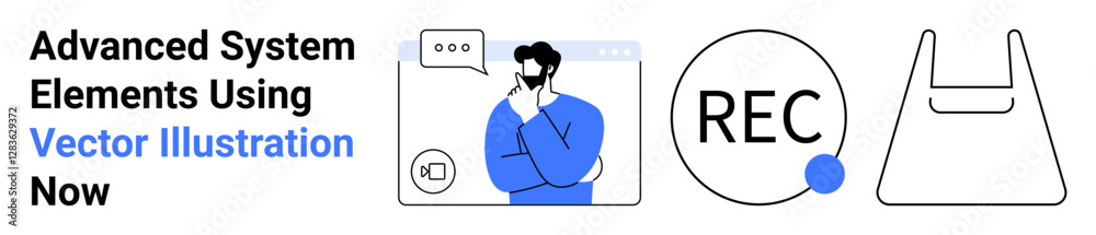 Man pondering with window interface, bold REC button, outlined shopping bag. Ideal for communication, recording, e-commerce, system design, productivity, brainstorming flat landing page banner Man pondering with window interface, bold REC button, outlined shopping bag. Ideal for communication, recording, e-commerce, system design, productivity, brainstorming flat landing page banner