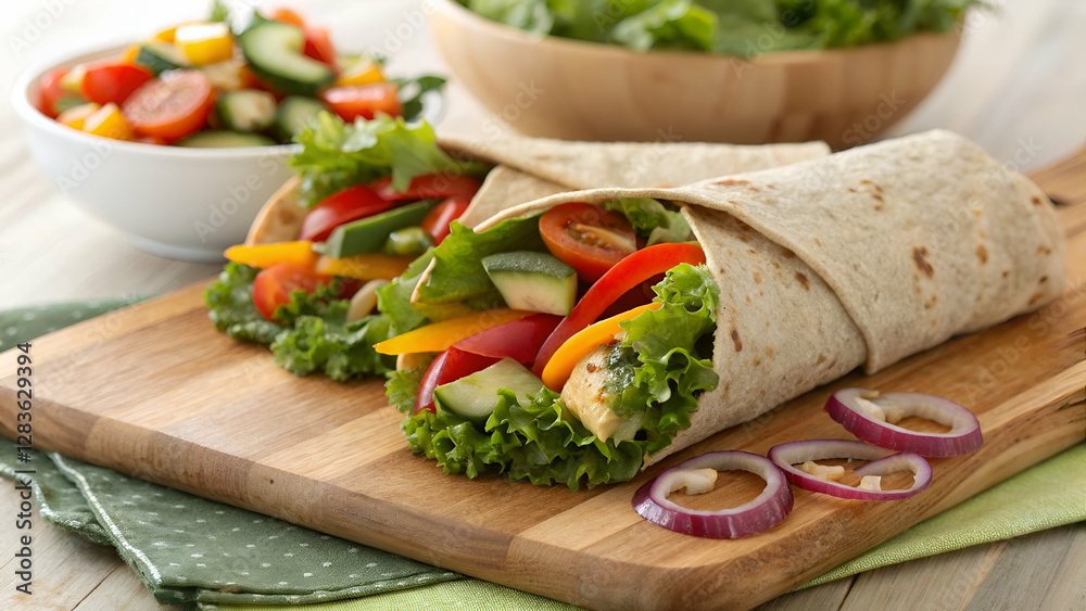 A delicious and healthy veggie wrap. A delicious and healthy veggie wrap.