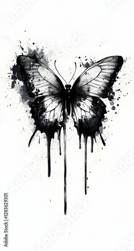 Tattoo design, ink- butterfly with dripping paint, on a white background.
