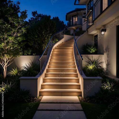 Elegant modern garden staircase at night illuminated by ambient LED lighting. Stylish design features curved steps, landscaping with plants. Exterior residence pathway leads to home entrance. 