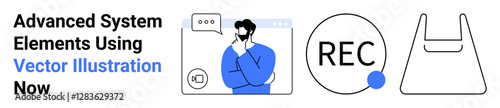 Man pondering with window interface, bold REC button, outlined shopping bag. Ideal for communication, recording, e-commerce, system design, productivity, brainstorming flat landing page banner