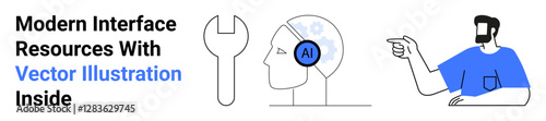 Wrench and AI head symbolize technology and innovation man pointing adds collaboration. Ideal for teamwork, AI, problem-solving, creativity, tech support, tech solutions, flat landing page banner