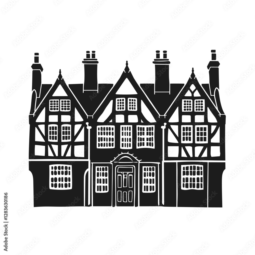 Fototapeta premium Vintage Tudor townhouses architecture illustration silhouette vector