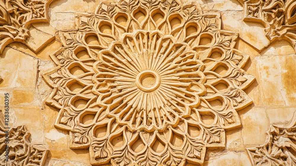 Obraz premium Intricate Carved Stone Relief with Floral Patterns on Wall