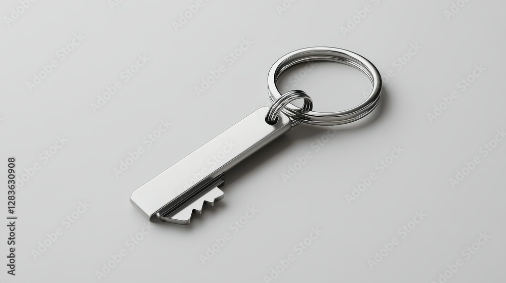 Minimalist silver key and keyring on white background Minimalist silver key and keyring on white background