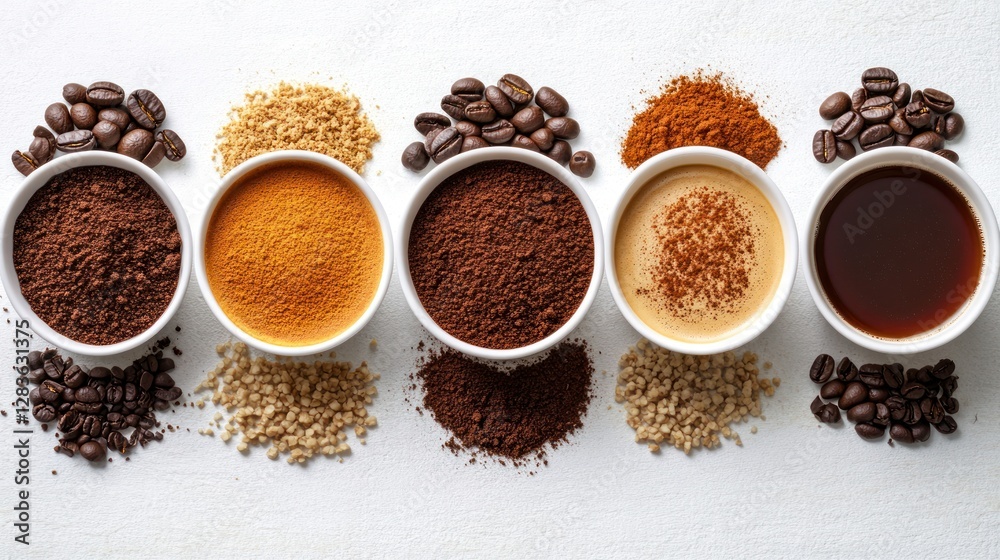 Coffee varieties displayed in small bowls on white surface with coffee beans, grounds, and spices Coffee varieties displayed in small bowls on white surface with coffee beans, grounds, and spices