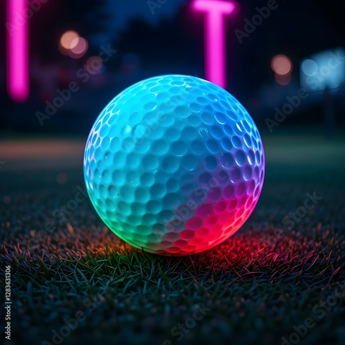 Neon glowing golf ball. Futuristic sports concept. Unique design. Night golf event. Colorful illuminated ball. Perfect for creative projects. Glowing in dark. Vibrant colors. Innovative tech design