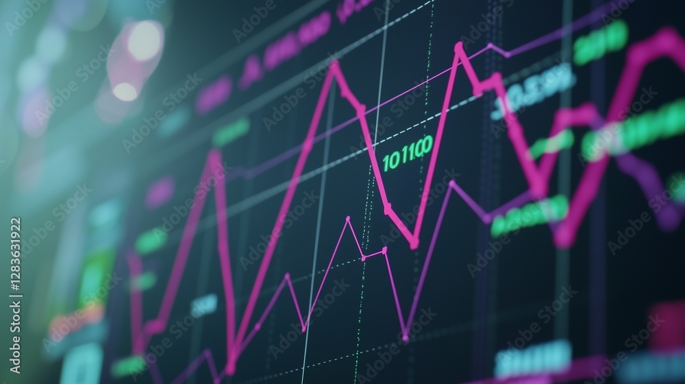 Close-up digital screen showing line graph with upward and downward trends, symbolizing cancer research progress and setbacks, medical charts and scientific symbols in background.