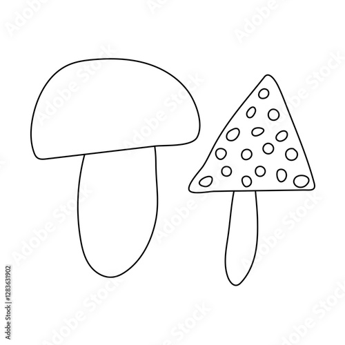 Simple black and white outline of two mushrooms, one plain and one spotted, perfect for coloring activities.