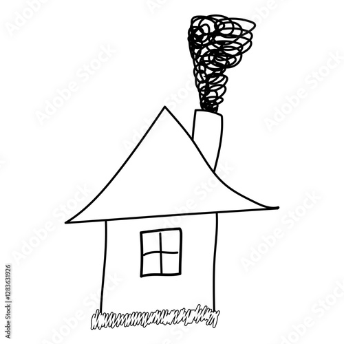 Black and white outline drawing of a house with a chimney emitting smoke, perfect for coloring and kids activities.