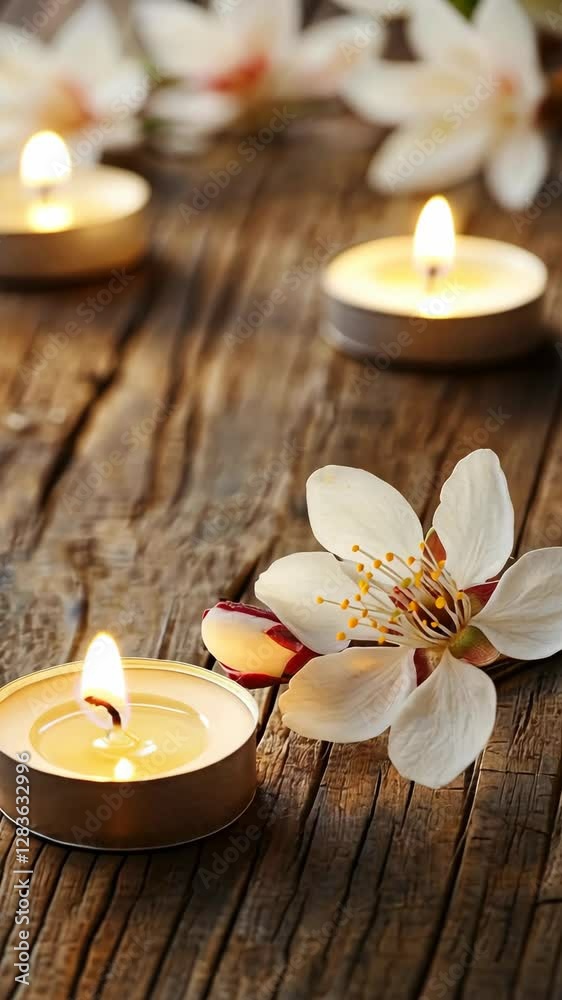 Elegant candles and delicate flowers create a serene atmosphere in a rustic wooden setting Elegant candles and delicate flowers create a serene atmosphere in a rustic wooden setting