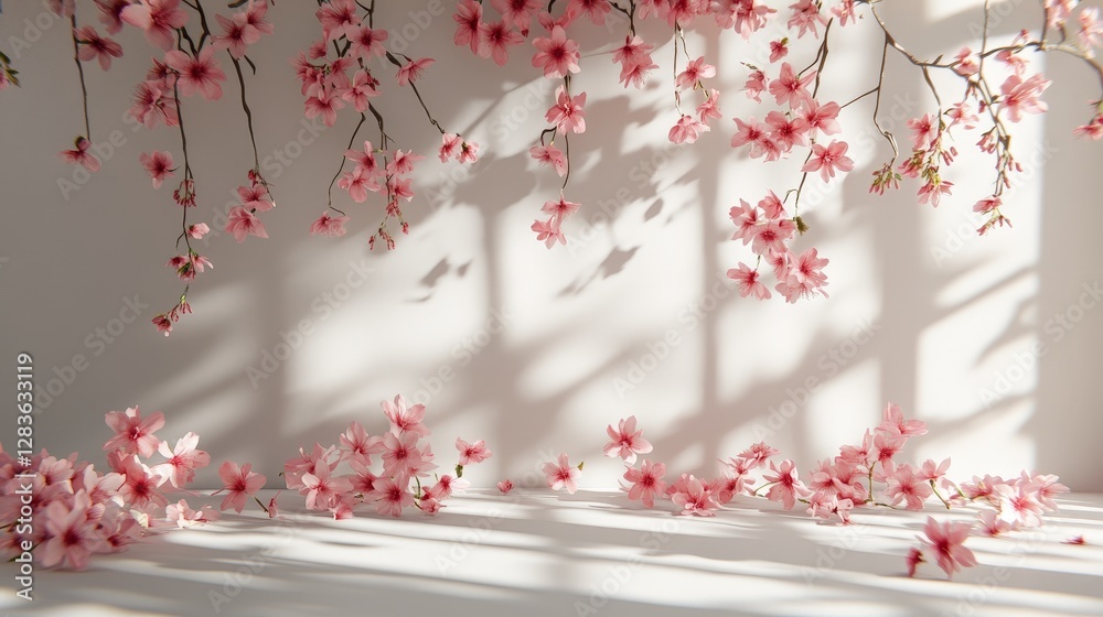 Delicate pink cherry blossoms adorn a serene background, creating a tranquil atmosphere.