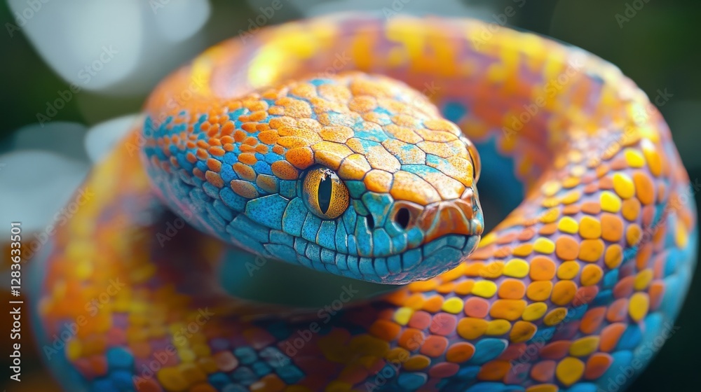 Vibrant rainbow python coiled in natural habitat close-up Vibrant rainbow python coiled in natural habitat close-up