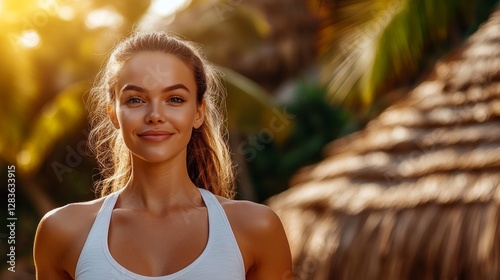 Smiling young woman with tanned skin in a white tank top, outdoors in warm sunlight.