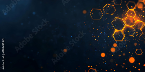 Abstract background with glowing hexagons, in a black and blue color scheme