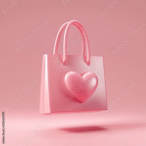 A pink shopping bag featuring a heart design is floating
