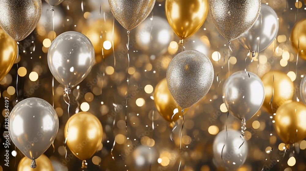 Gold and silver balloons with confetti and bokeh lights. Gold and silver balloons with confetti and bokeh lights.