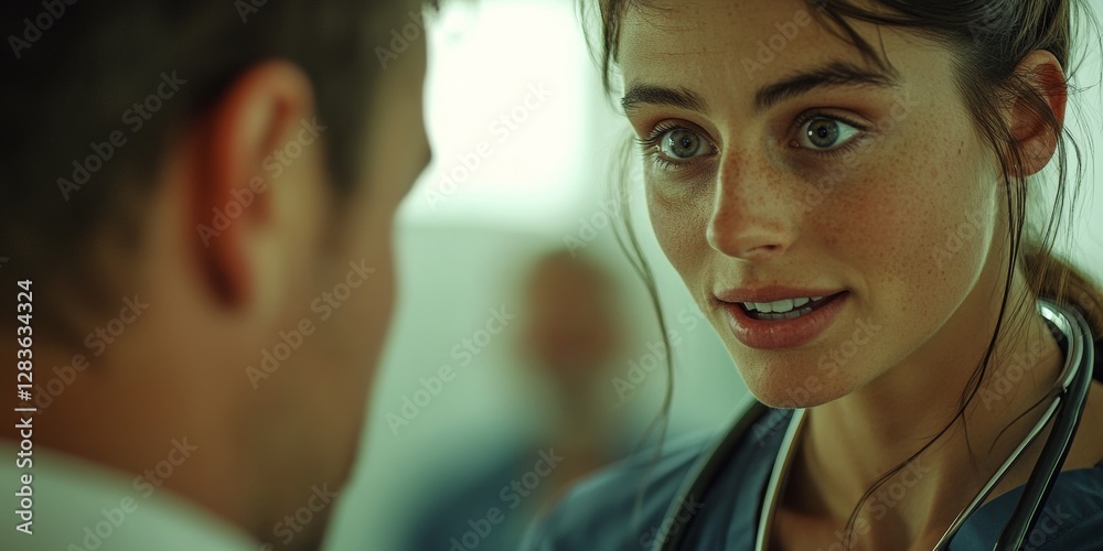Fototapeta premium Friendly nurse talking with patient in hospital room