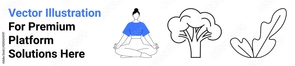 Woman sitting cross-legged meditating in blue attire alongside minimalist tree and leaf sketches. Ideal for mindfulness, wellness apps, nature care, eco-friendly designs, yoga, self-care, flat Woman sitting cross-legged meditating in blue attire alongside minimalist tree and leaf sketches. Ideal for mindfulness, wellness apps, nature care, eco-friendly designs, yoga, self-care, flat