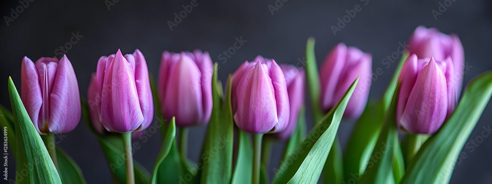Obraz premium Purple tulips, green stems, macro photography 