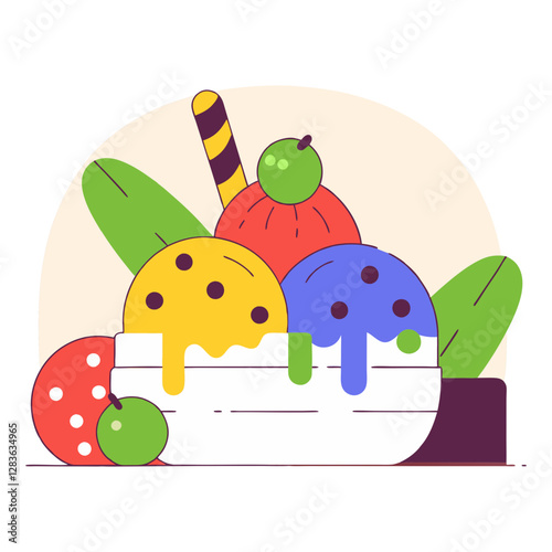 Stylized ice cream scoops with chocolate and fruit syrup drizzles, surrounded by leaves. Modern, minimal, and creative dessert illustration.