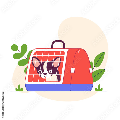 A cute dog inside a pet carrier, surrounded by leaves, designed in a modern and minimal style. Perfect for pet travel and care concepts.