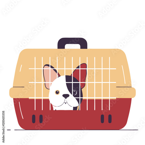 A cute dog peeking out from a pet carrier, designed in a modern and minimal style. Perfect for pet travel and care concepts.