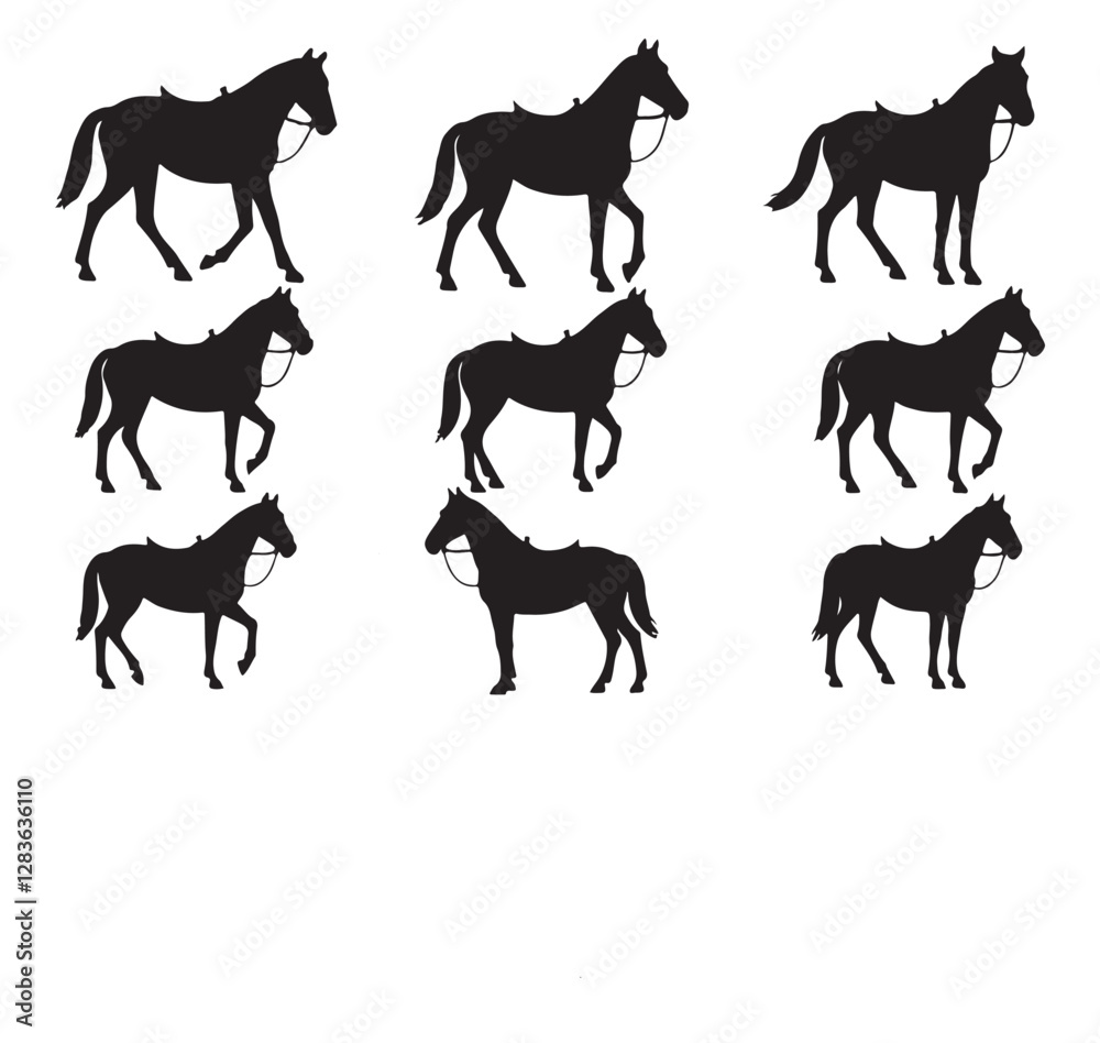 Obraz premium Set of Silhouettes of Horses with Saddles in Various Positions