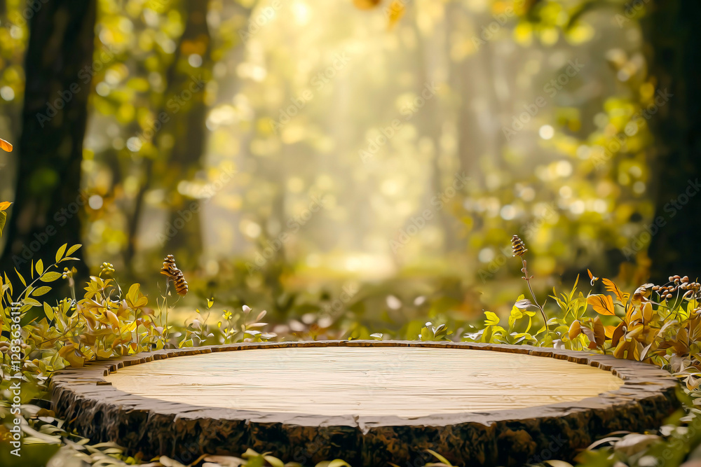 Naklejka premium Minimal Wood podium with flora in natural ambiance
