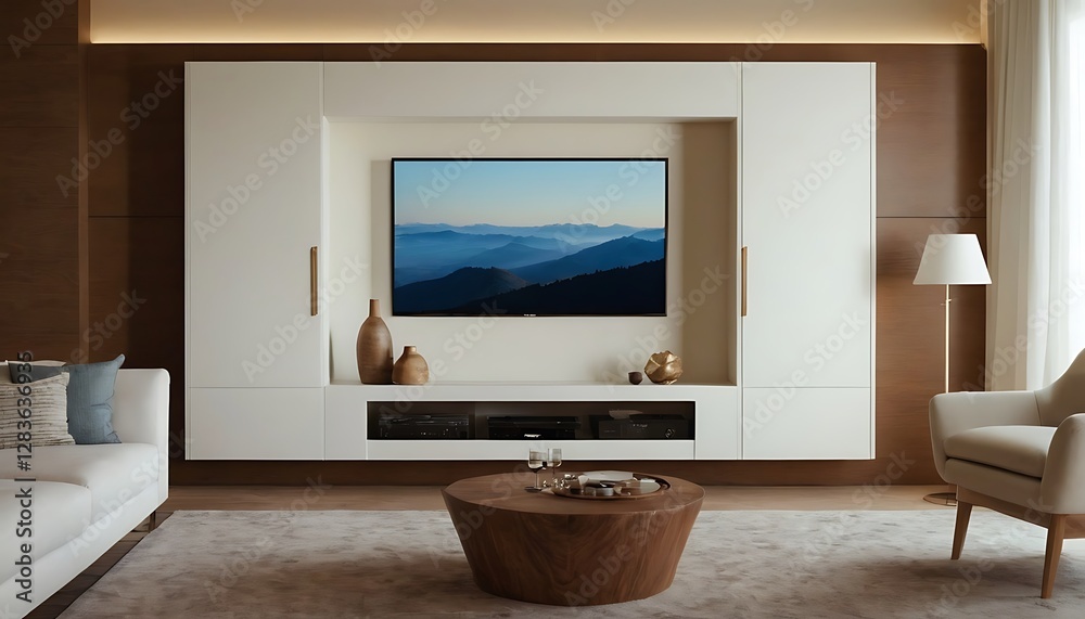 Fototapeta premium TV on the cabinet in modern living room on white wall background.three-dimensional, apartment, comfortable, contemporary, elegant, floor, furniture, indoor, living, living room, room, 9456