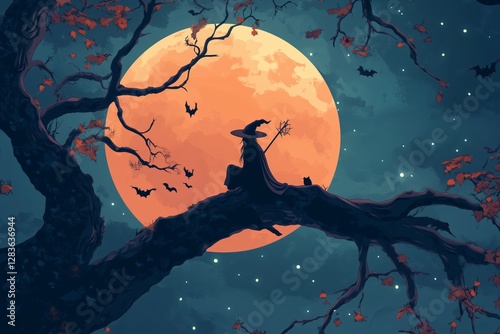 Halloween themed banner featuring vector logo with eerie tree branches bats and a whimsical witch against a full moon backdrop