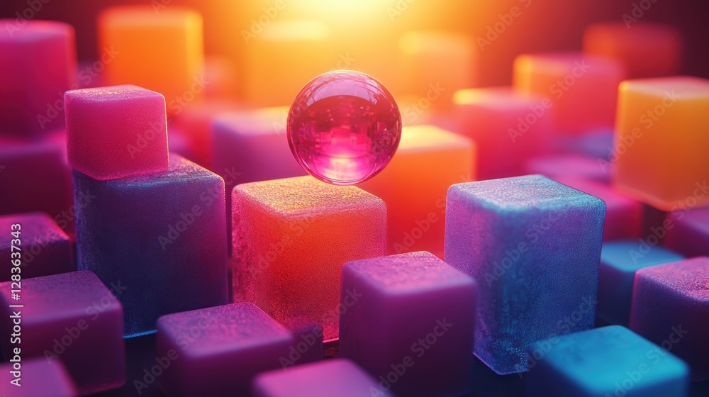 Harmony in Geometry, A Sphere's Dance Atop a Colorful Cube Landscape Harmony in Geometry, A Sphere's Dance Atop a Colorful Cube Landscape